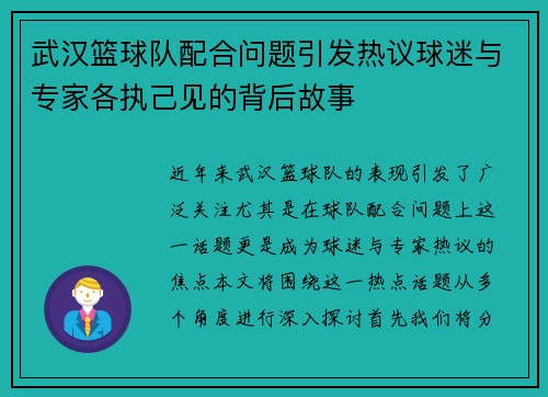 武汉篮球队配合问题引发热议球迷与专家各执己见的背后故事